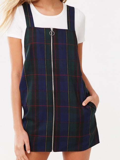 Forever 21 Multicolor Checks Pinafore Regular Fit A Line Dress Price in India