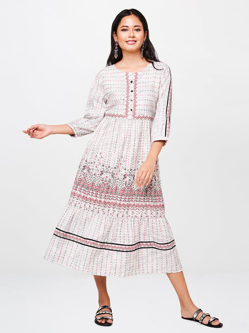 Global Desi Off White Printed Dress