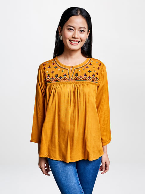 Global Desi Mustard Embroidered Top Price in India