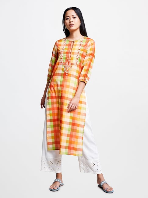 Global Desi Orange Embroidered Kurta Price in India