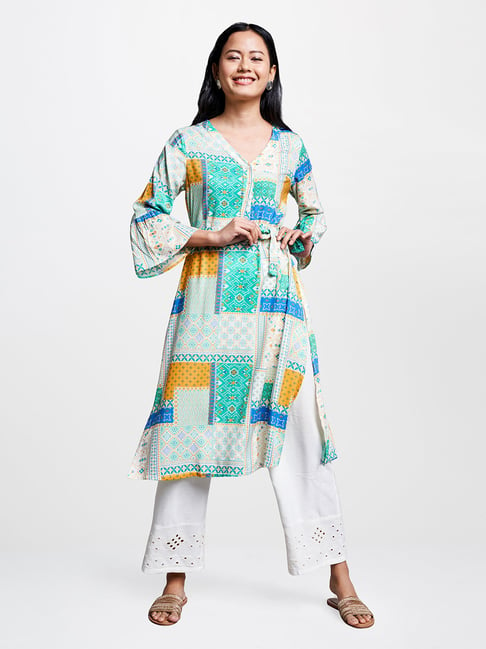 Global Desi Mint & White Printed Kurta Price in India