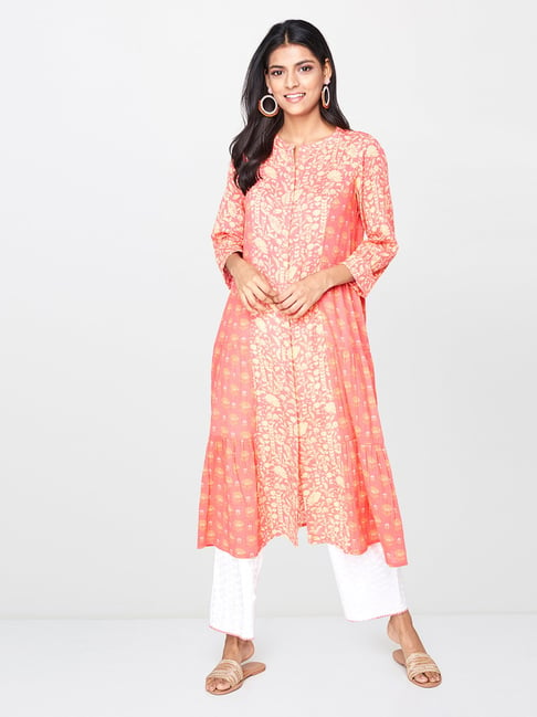 Global Desi Pink Floral Print Kurta Price in India