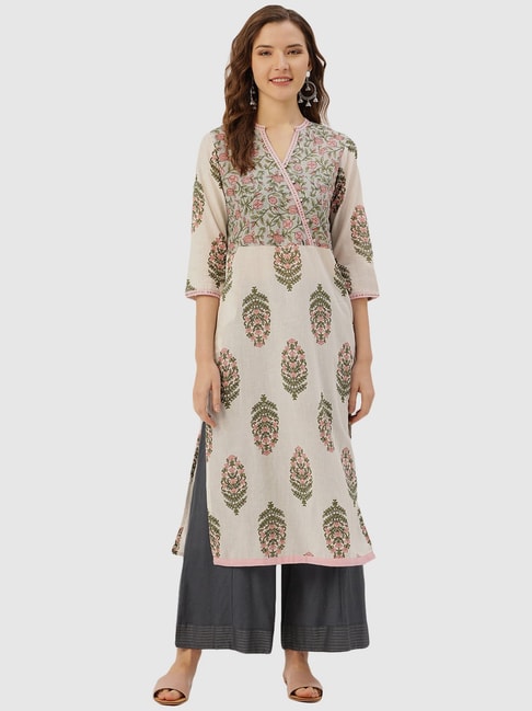 Buy Jaipur Kurti Pink & Green Ethnic Floral Printed Pin Tuck A-Line Kurta  online