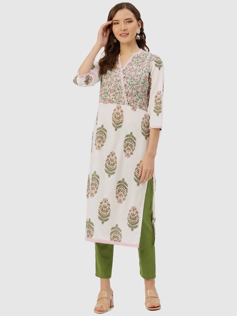 Jaipur Kurti Off-White & Green Cotton Printed Kurta Pant Set