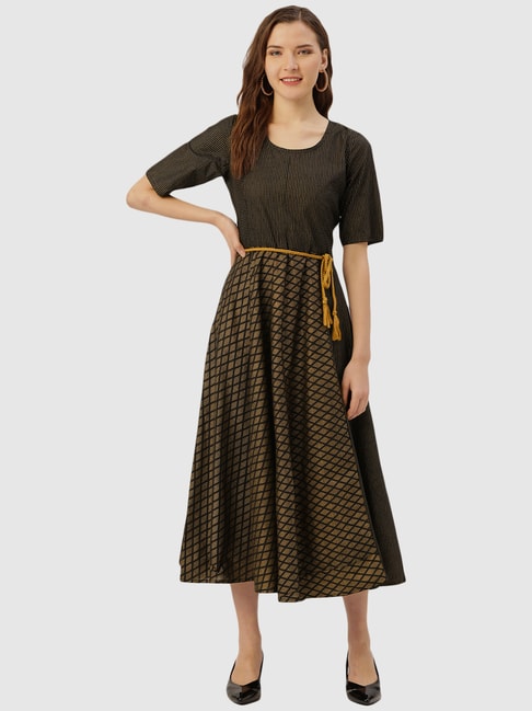 Jaipur Kurti Black Cotton Printed A-Line Dress Price in India