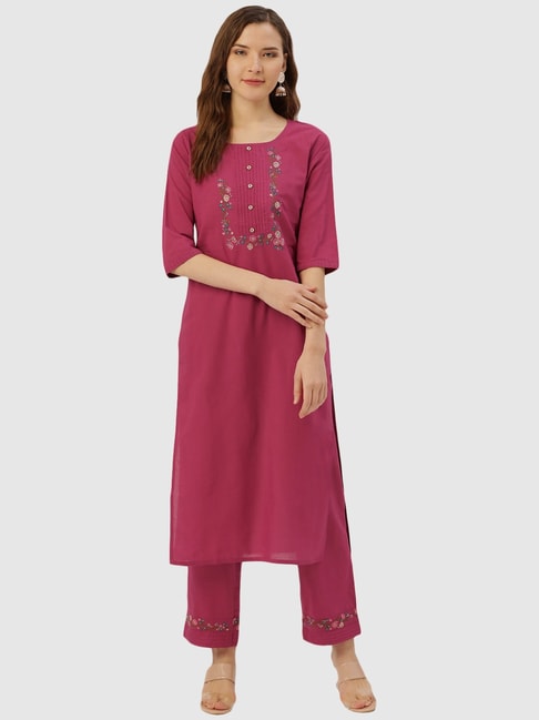 Jaipur Kurti Pink Cotton Embroidered Kurta Pant Set Price in India