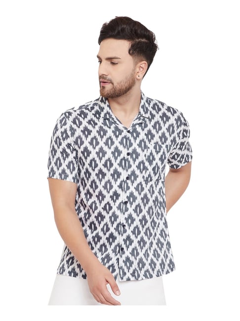 Even White & Navy Slim Fit Printed Shirt