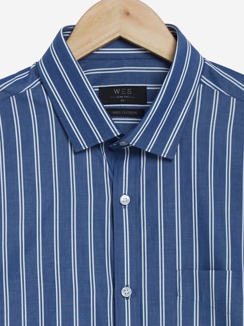 Buy WES Formals by Westside Dark Blue Slim Fit Striped Shirt for Men ...