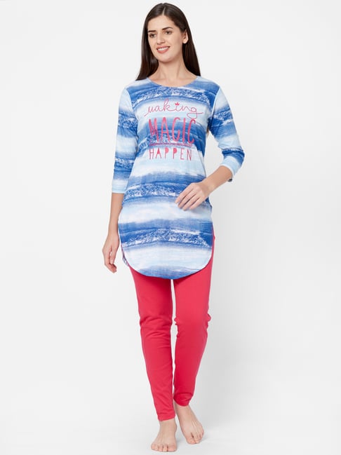 Buy Juliet Blue Pink Printed Long Top With Pyjamas for Women