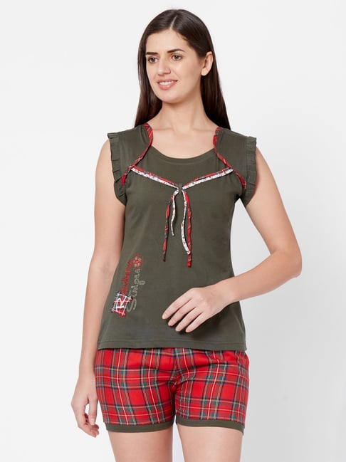 Juliet Green Red Embroidery Top With Shorts