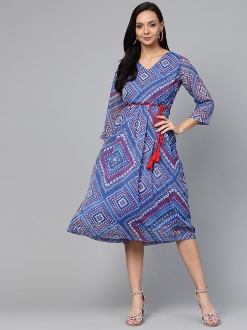 Melon by PlusS Blue Printed Dress Price in India