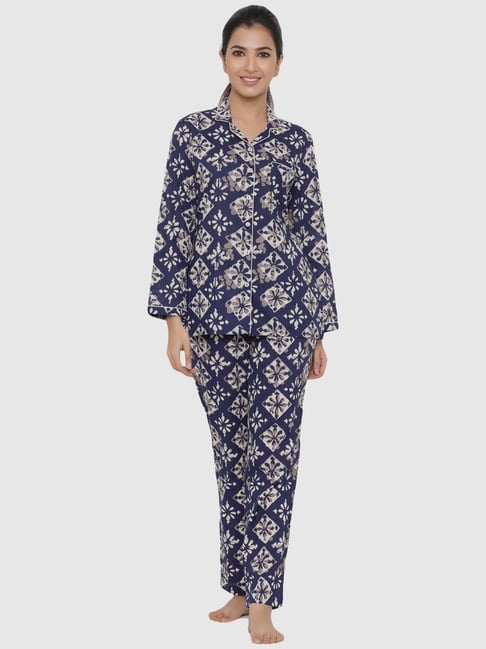 Jaipur Kurti Blue Cotton Printed Shirt Pyjama Set