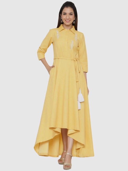Jaipur Kurti Yellow Cotton Embroidered Assymetric Dress Price in India
