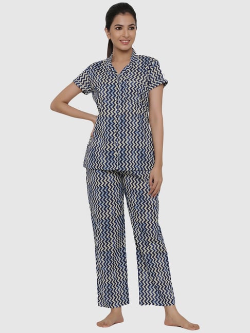 Jaipur Kurti Navy Cotton Printed Shirt Pyjama Set