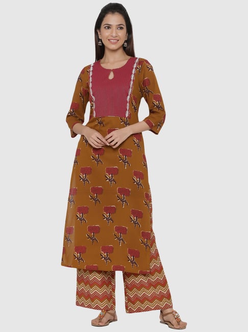 Jaipur Kurti Brown Cotton Floral Print Kurta Pant Set Price in India