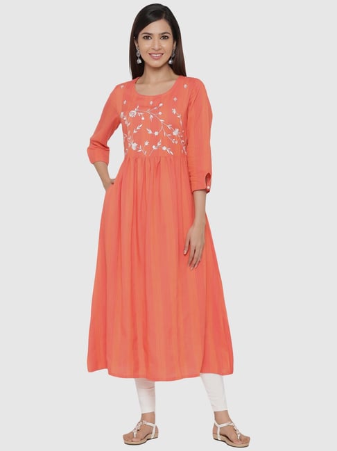 Jaipur Kurti Coral Embroidered A Line Kurta Price in India