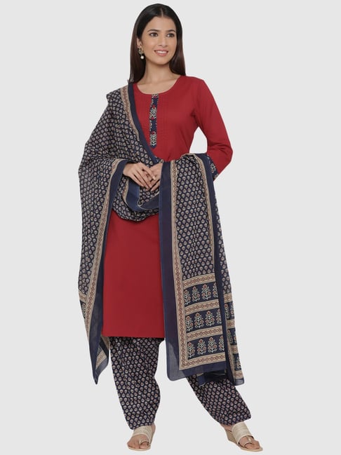 Jaipur Kurti Maroon & Navy Cotton Kurta Salwaar Set With Dupatta