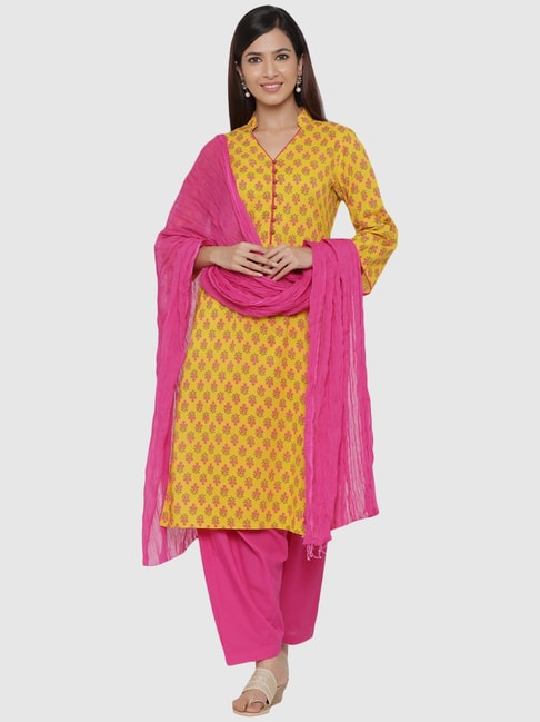 Readymade Yellow Chanderi Salwar Suit with Pink Dupatta 1433SL26