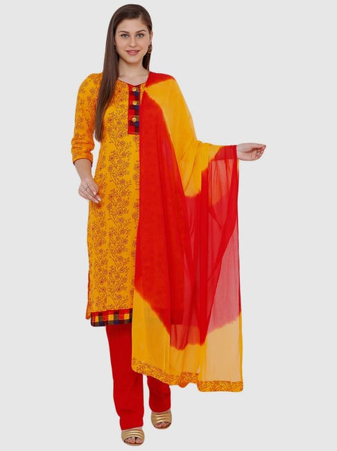 Salwar Studio Yellow & Red Cotton Embroidered Unstitched Dress Material With Dupatta