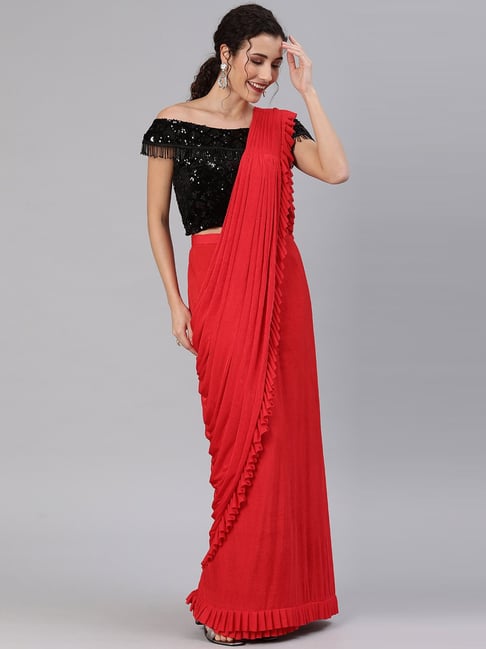 Buy Viva N Diva Women'S Red And Black Solid Ruffled Ready To Wear Saree  Poly Crepe Material Saree With Embellished Border And Black Banglori Silk  Sequins Blouse. Online at Best Prices in