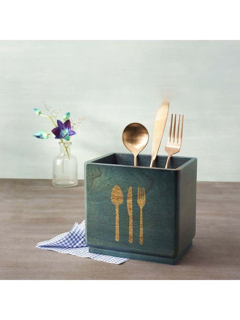 ellementry Blue Mango Wood Cutlery Holder - Set of 1