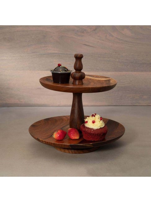 Latitude Run® Two Tier Tray - Acacia Wood Tiered Tray Decor - Perfect For  Serving Cheese And Desserts Or For Cupcake And Cake Display - Rustic Style  For Vintage Or Farmhouse Theme | Wayfair