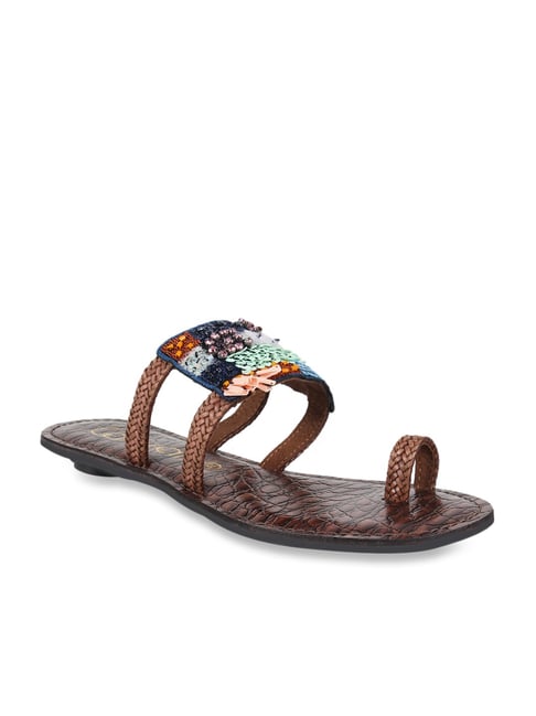 Catwalk Women's Tan & Navy Toe Ring Sandals