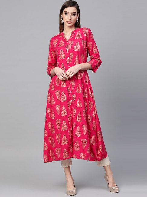 Geroo Jaipur Pink Cotton Printed A Line Kurta Price in India