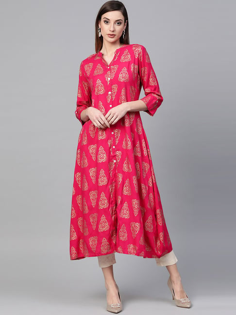 Geroo Jaipur Pink Cotton Printed A Line Kurta