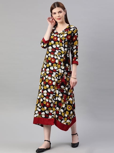 Geroo Jaipur Yellow & Black Kalamkari Hand Block Printed Rayon Dress Price in India