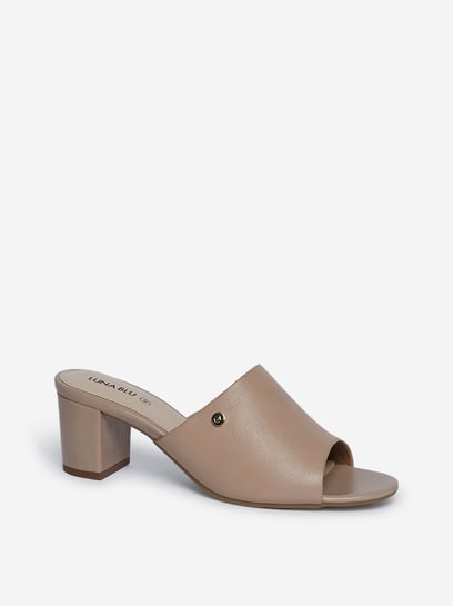 tan peep toe block heels