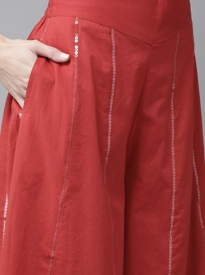 Women's Red Printed Cotton Crop Top Pant Set - DISHA - 3124045