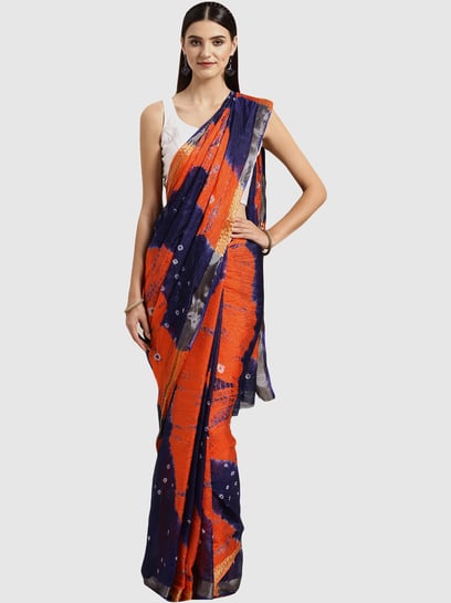 Blue Flame Pure Silk Chiffon Saree with Orange Tassels and Blouse Embr –  EAST & GRACE