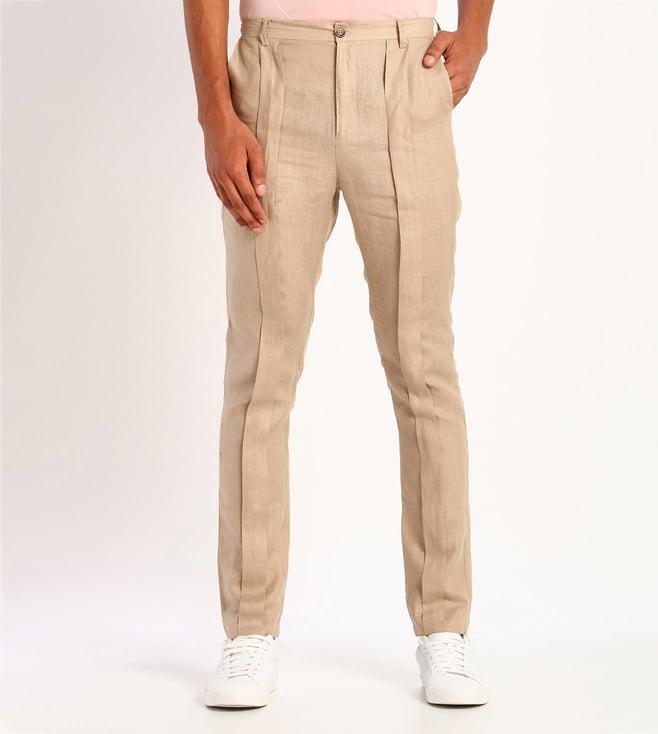 Buy Beige Linen Pleated Pants For Men by Son of A Noble Snob