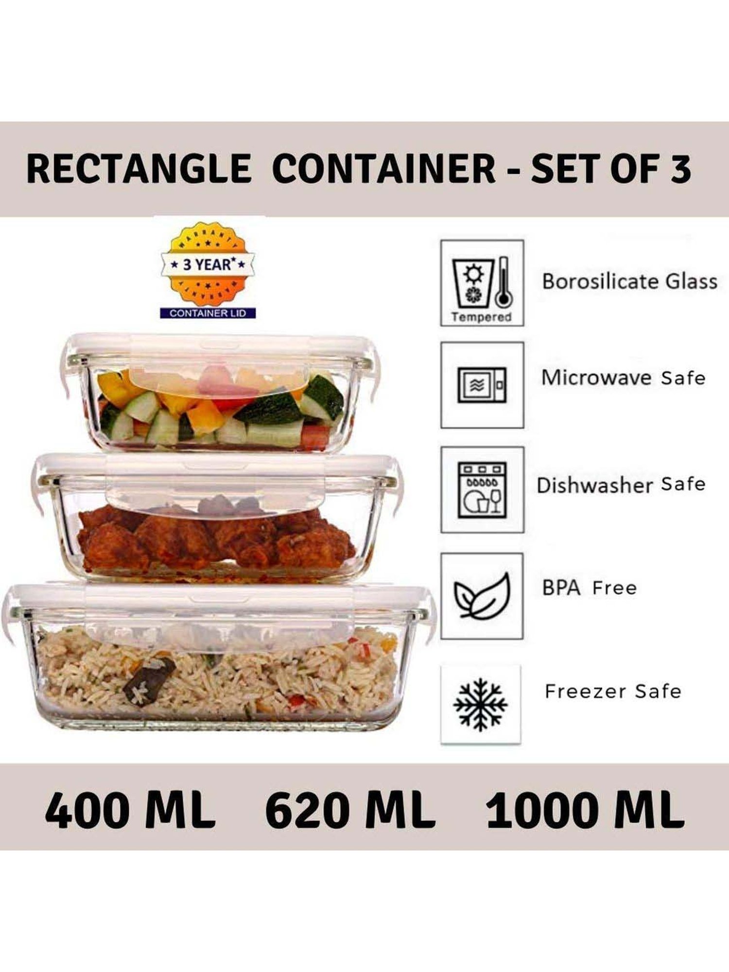 Rectangular Glass Storage Container With Air Vent Lid (400ml, 620 ml, 1000  ml)