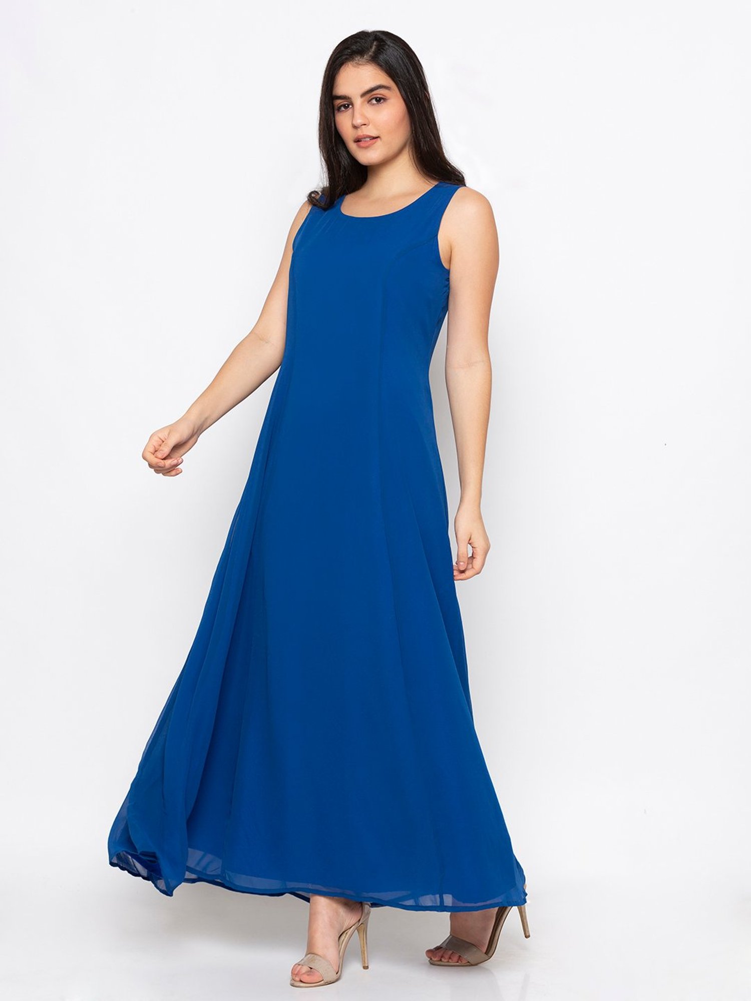Long Blue Prom Dress with Puff Sleeves - PromGirl