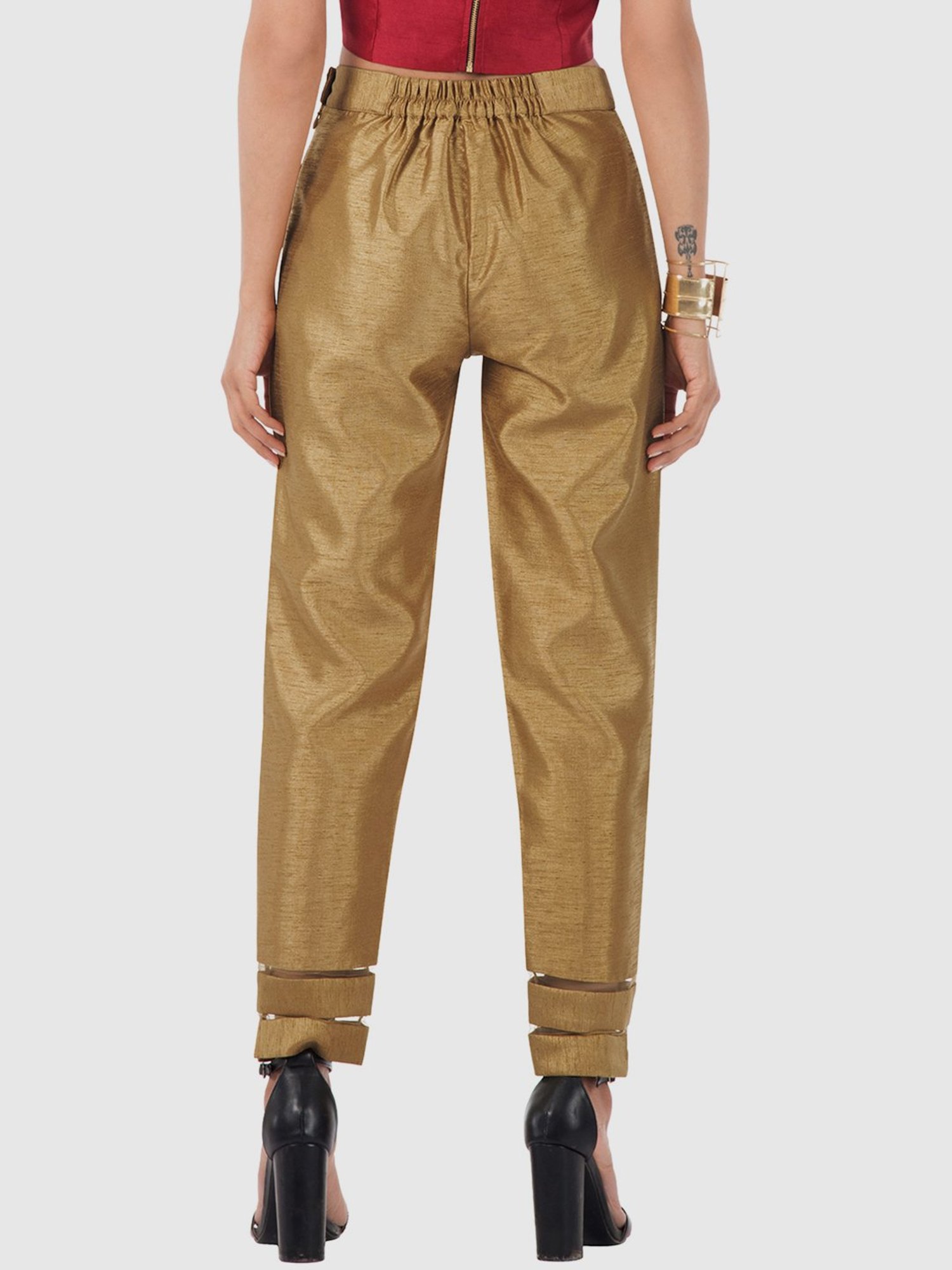 Buy INDYA Gold Toned Silk Cigarette Trousers - Trousers for Women 1839927 |  Myntra