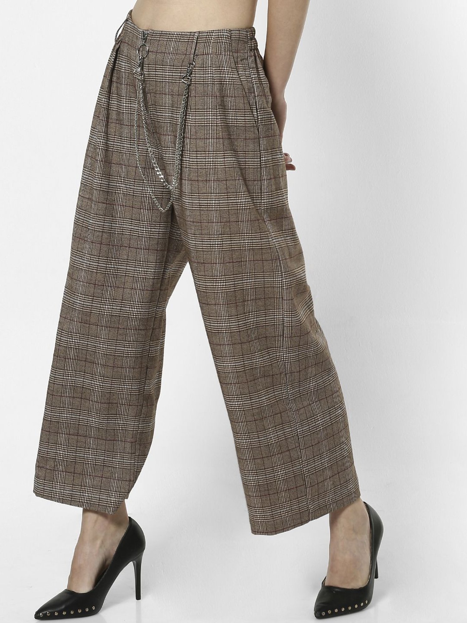 Taupe Brown ChecksPlaid Regular Fit TerryRayon Pant For Men