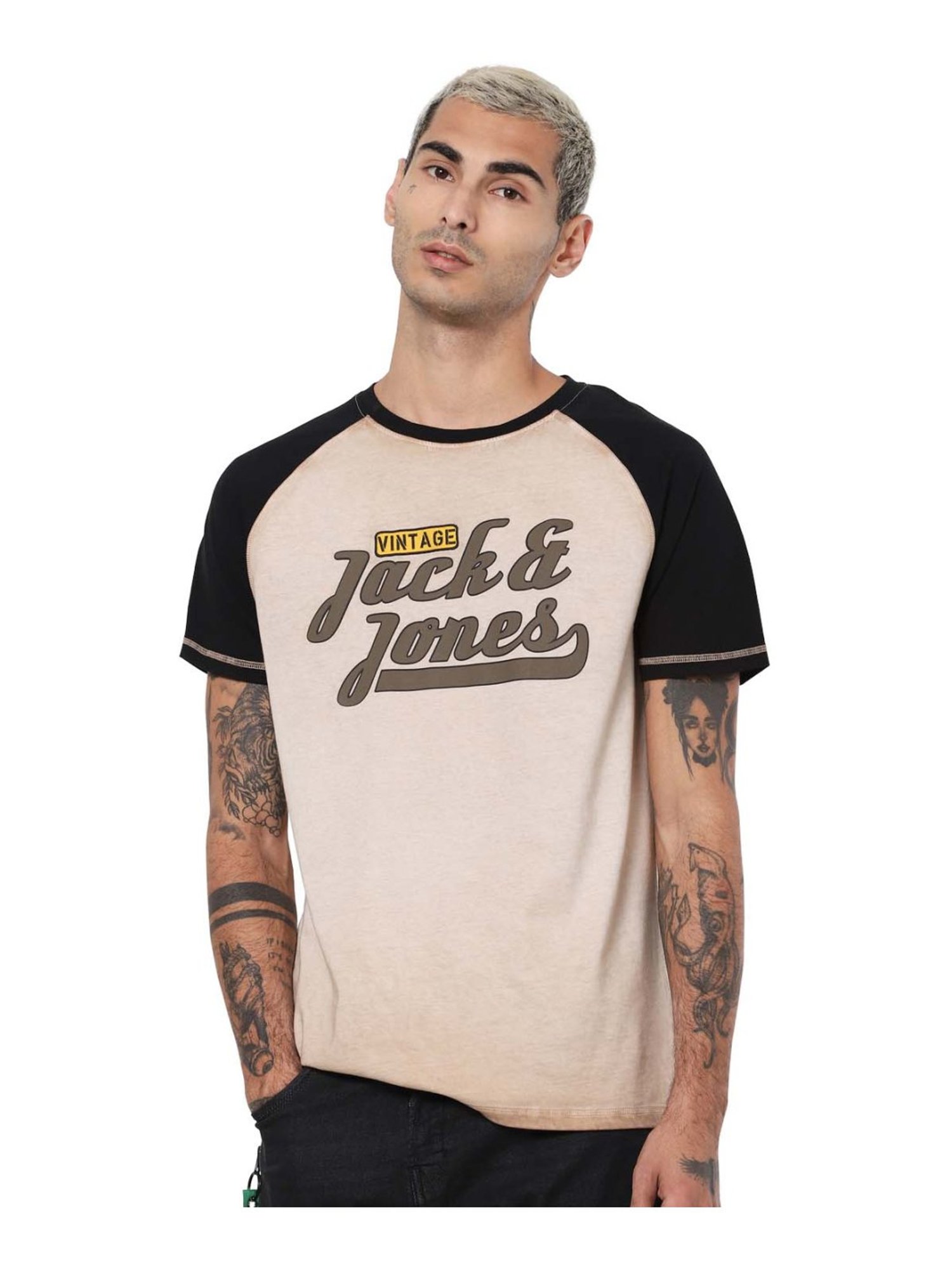 Buy Jack & Jones Beige & Black Cotton Logo T-Shirt for Mens Online @ Tata CLiQ