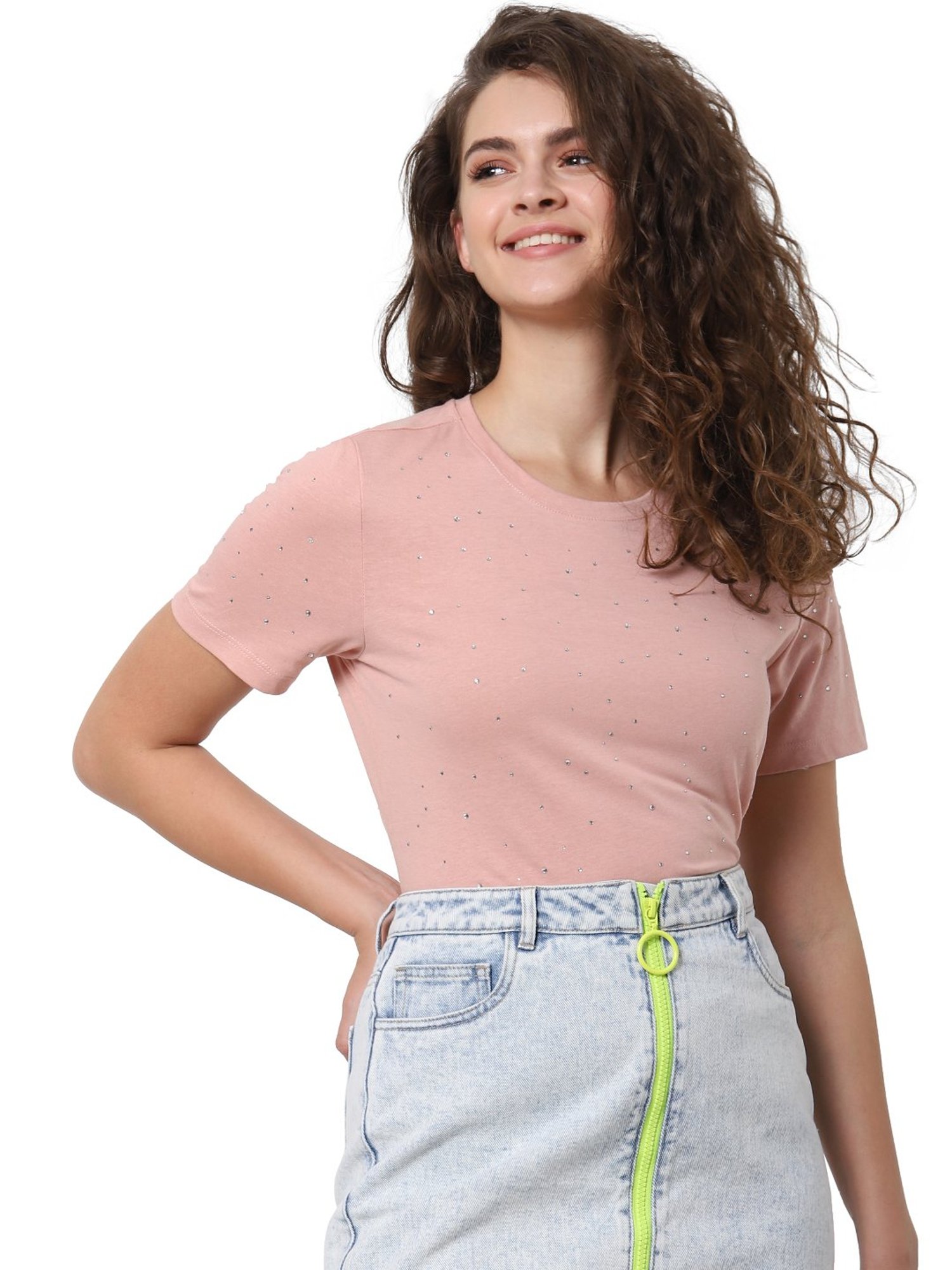 Buy Only Pink Embellished T-Shirt for Women Online @ Tata CLiQ