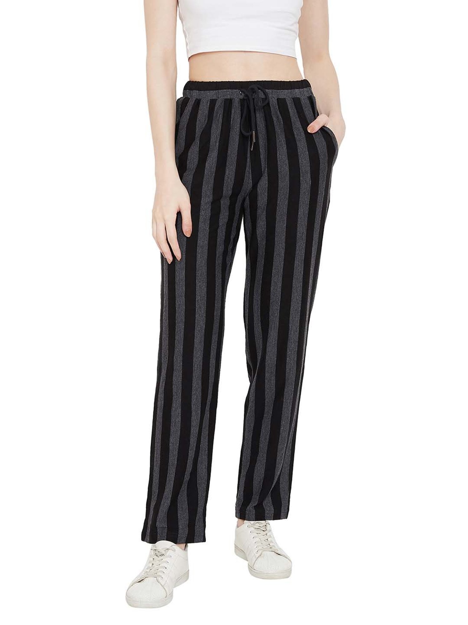 Buy Hypernation Black  Grey Striped Pants for Women Online  Tata CLiQ