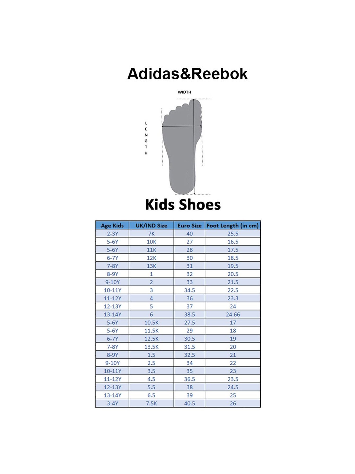 Reebok kids shoe store size chart