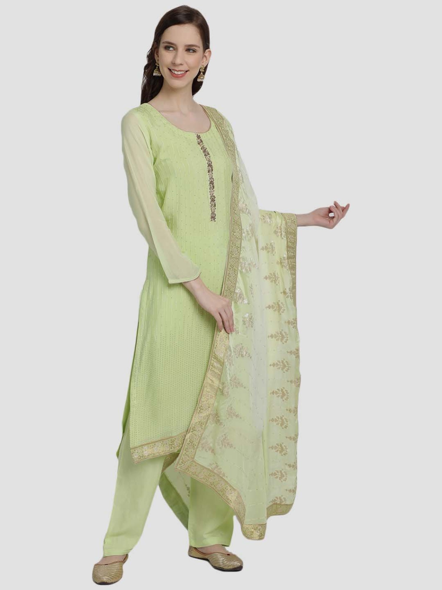 Buy Biba Green Cotton Printed Unstitched Suit (Set of 3) online