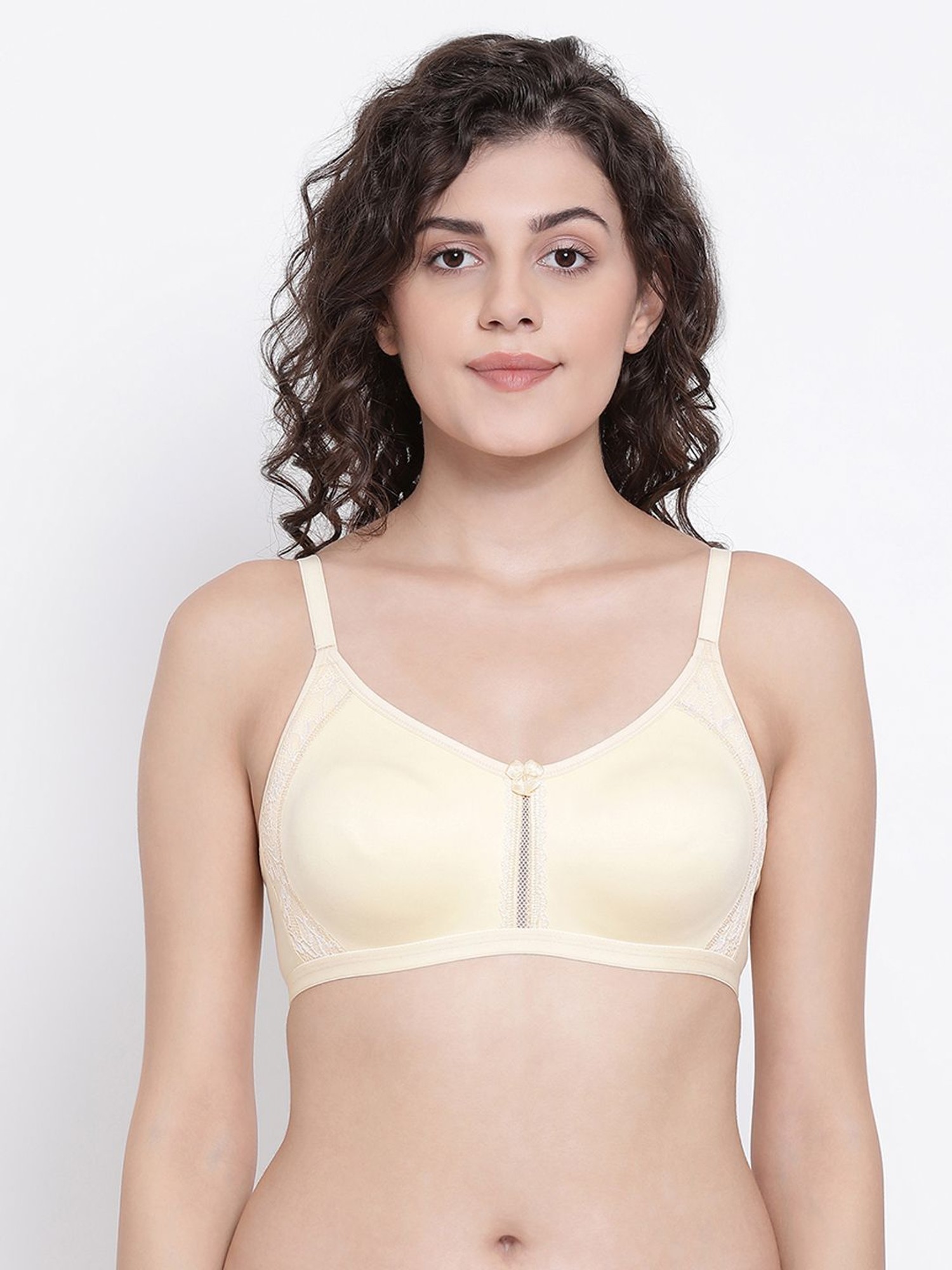 Buy Clovia Padded Non-Wired Full Coverage Lace Bra - Beige at Rs