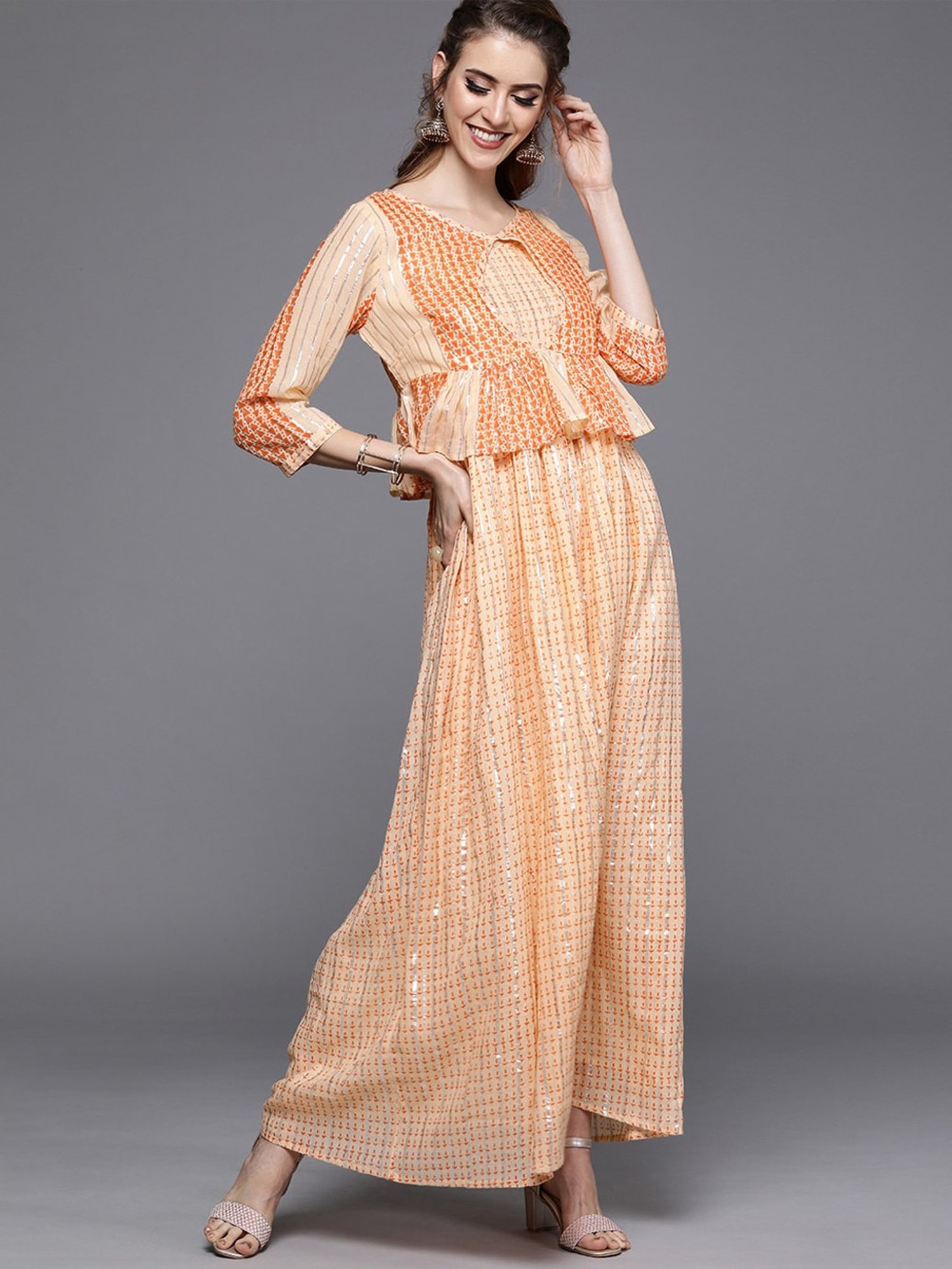 Aks Couture Peach Zari Work Maxi Dress 