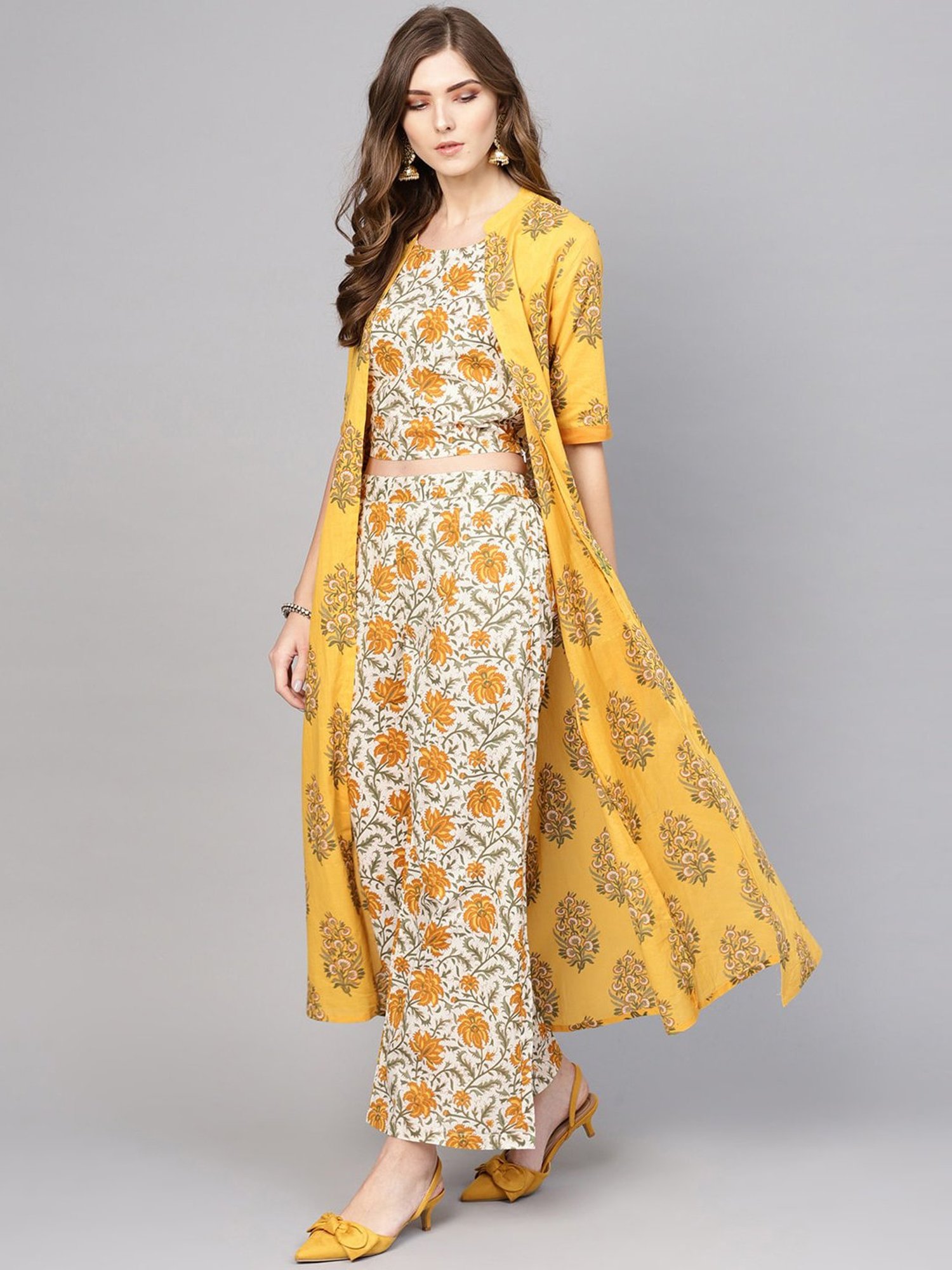 Muslin Indo-western Floral Embellishment Crop top with belt palazzo pa –  Roshni Boutique