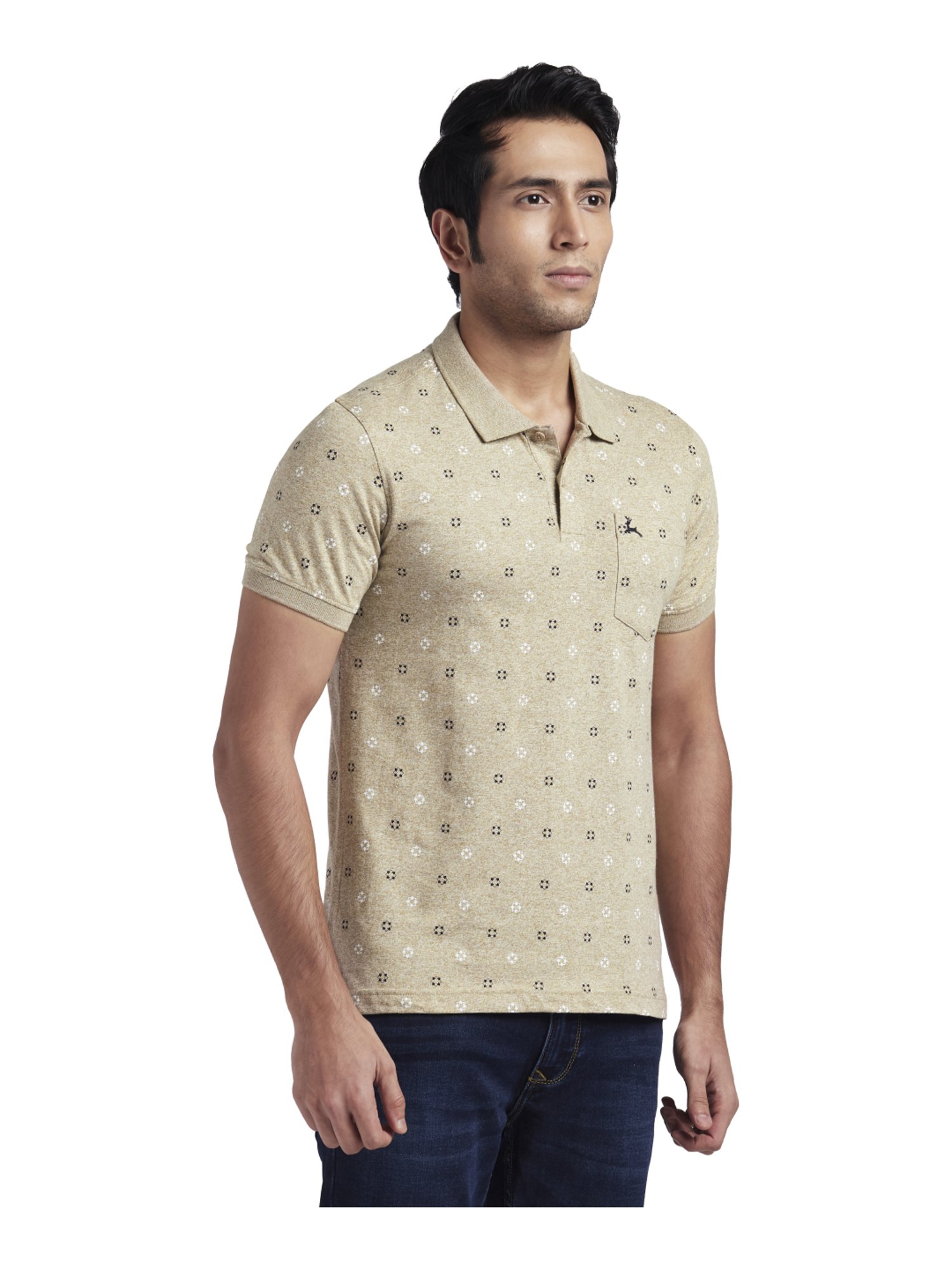 Parx Beige Cotton Printed Polo T-Shirt 