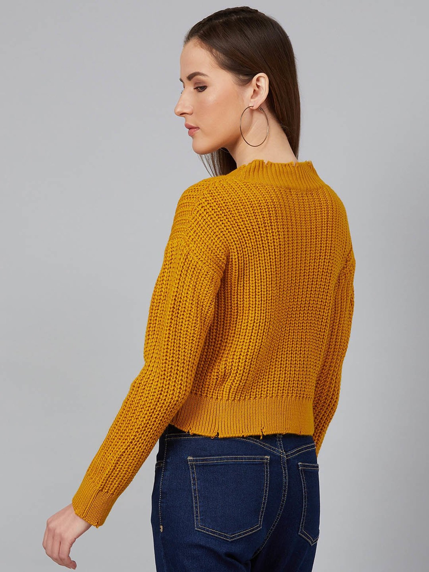 Buy Cayman Mustard Self Design Crop Sweater for Women Online