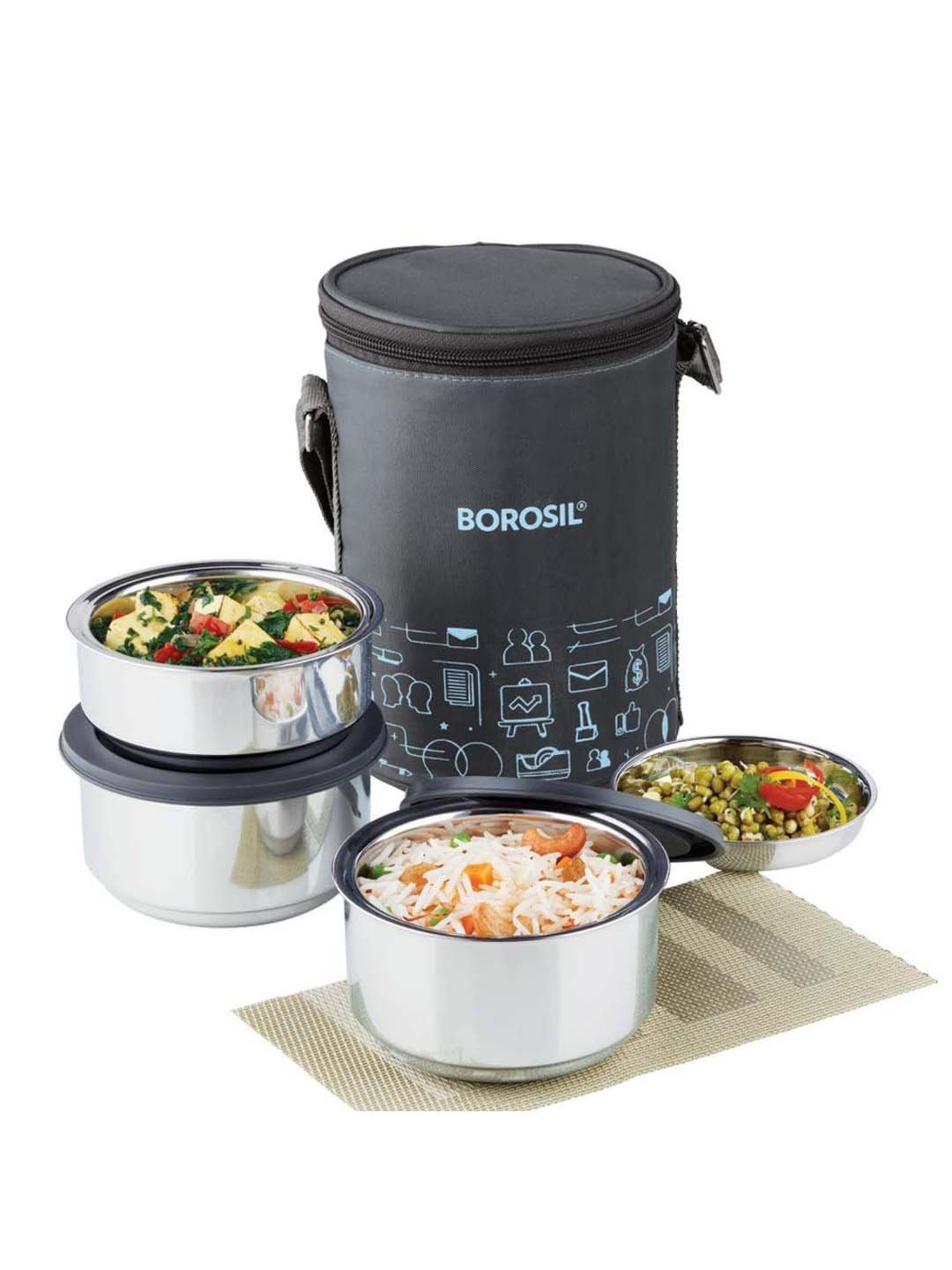 Borosil Carry Fresh 3pc 280ml and 180ml Each Stainless Steel Round  Container Set Lunchbox