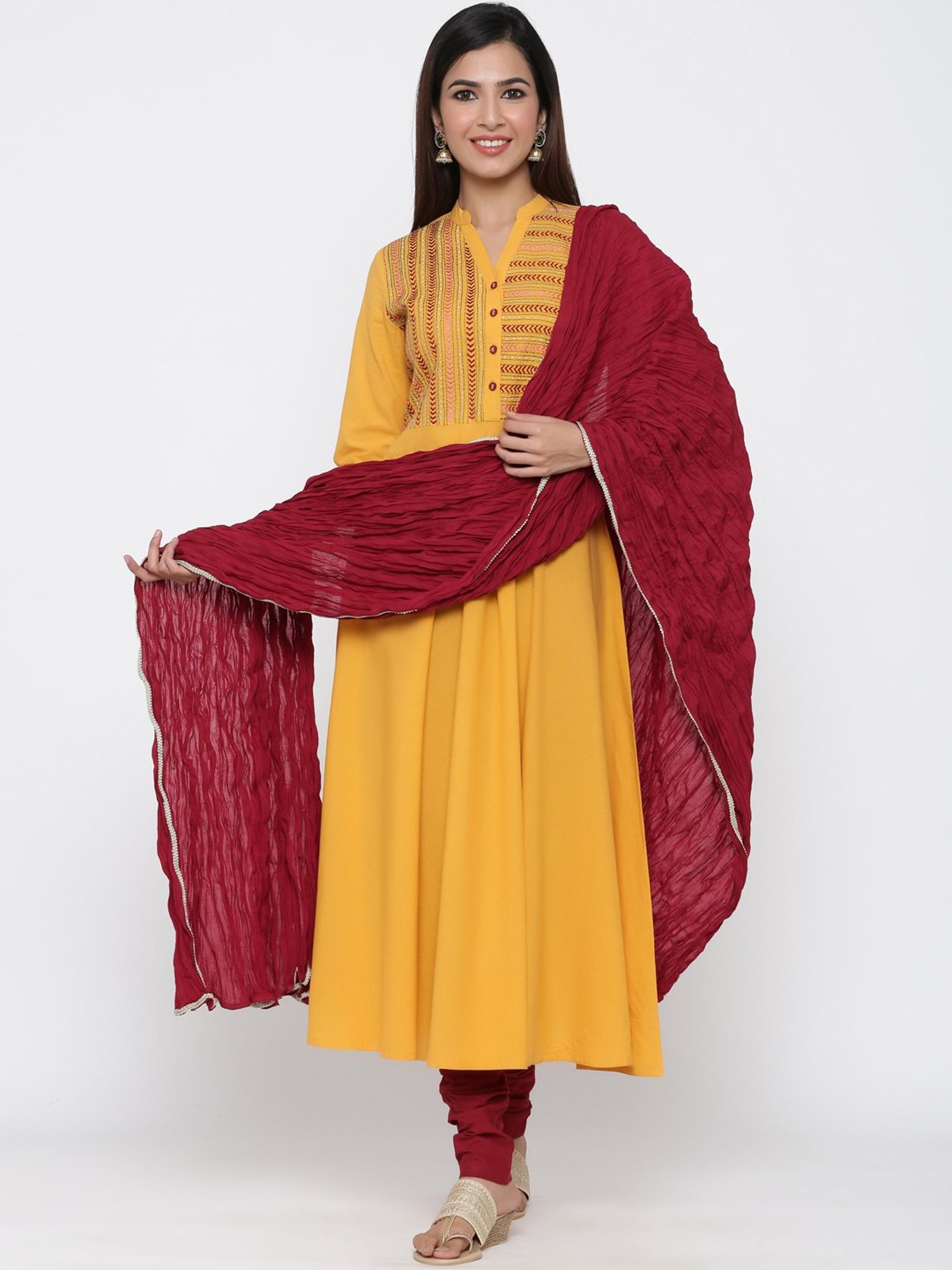 Yellow Kurta set with Pant and Dupatta in Pure Dola Silk fabric with  Gota-patti,Moti,Sequence and Resham Work | Kishori